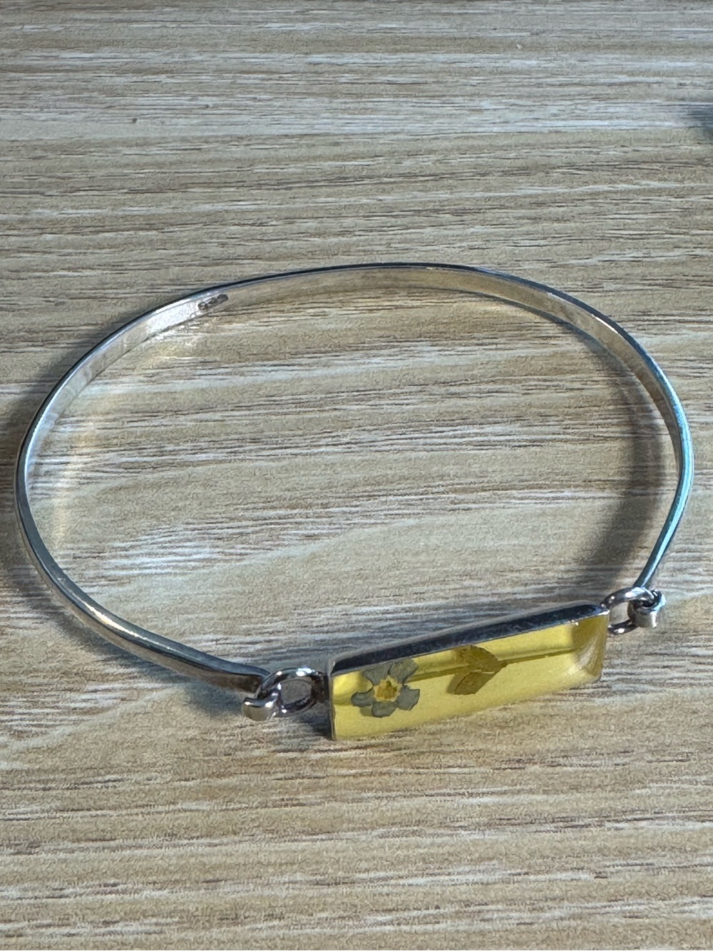 Vintage 925 Sterling Silver Real Pressed Flower Resin Bangle Bracelet